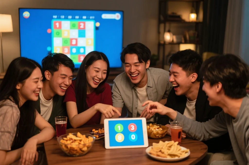 一群朋友在舒适的客厅里共同玩数字棋盘游戏，享受策略与合作的乐趣