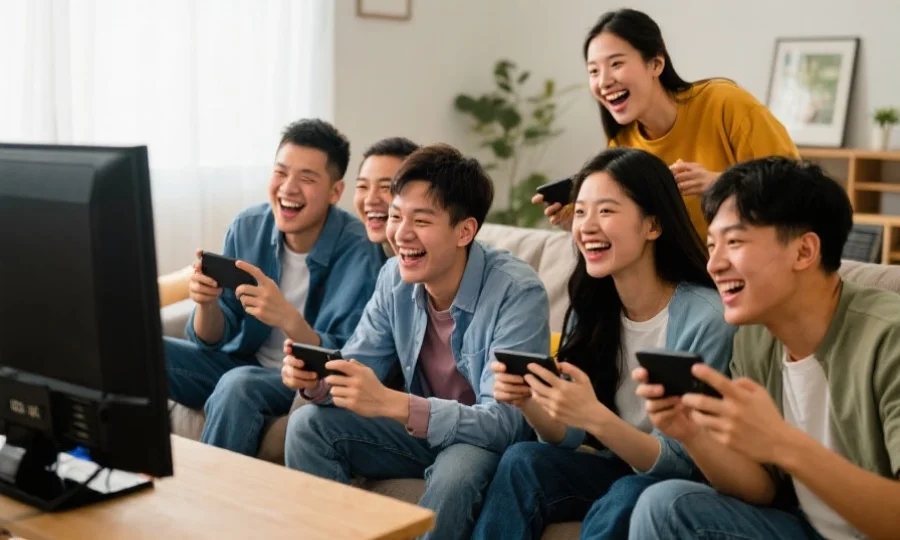 一组年轻用户在家中愉快使用数字娱乐平台,屏幕前笑容满面,展现轻松娱乐氛围