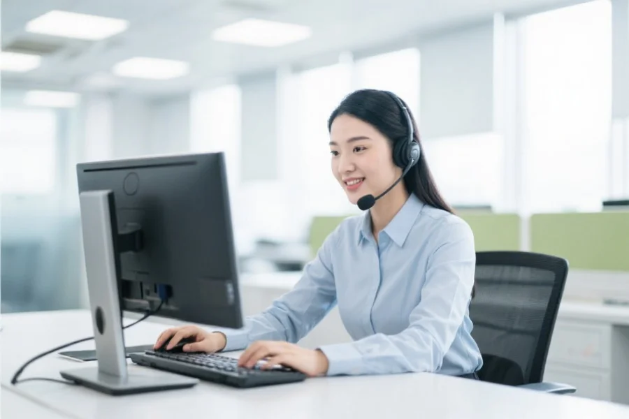 一位专业客服人员正在通过电脑为用户耐心解答问题，背景为明亮的办公环境